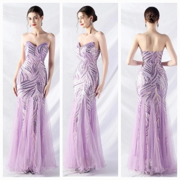 Purple, Striped Print, Sleeveless, Backless, Contrast Sequined Merma… - Picture 2 of 15